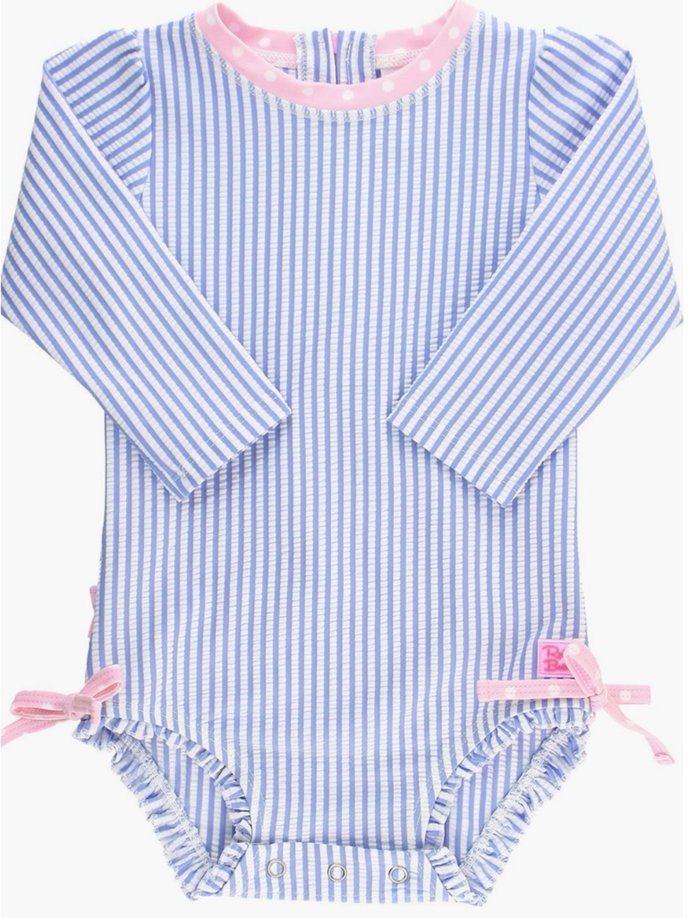 Ruffle Butts Blue & White Stripe Long-Sleeve Rashguard One-Piece with Pink Trim